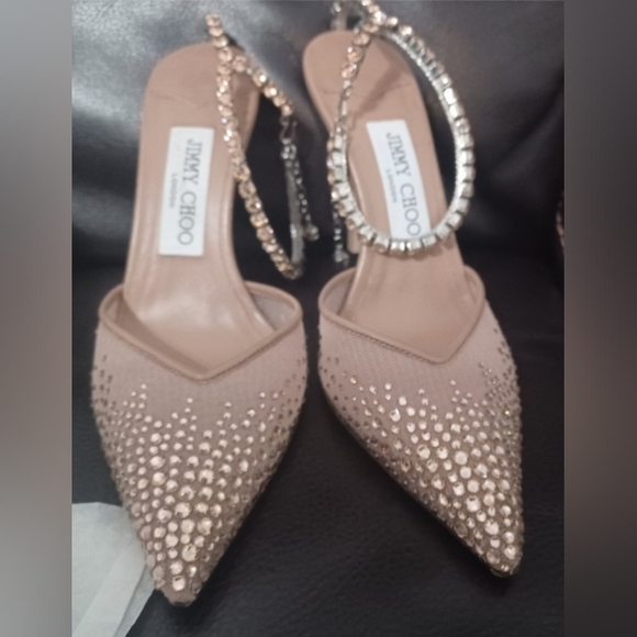 $1,495 *JIMMY CHOO* SAEDA 100 CRYSTAL EMBELLISHED HEELS Size 37 7B Ballet Pink - Picture 8 of 15